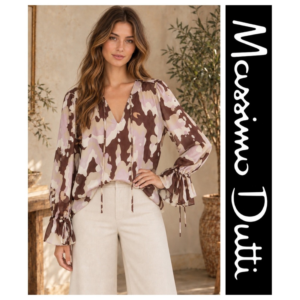 Massimo Dutti Camo Abstract Print Viscose Chiffon Sheer Blouse Sz EUR 34/US 2